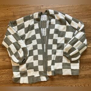 Carly Jean Los Angeles Clark Checkerboard Oversized Cardigan Green Ivory S